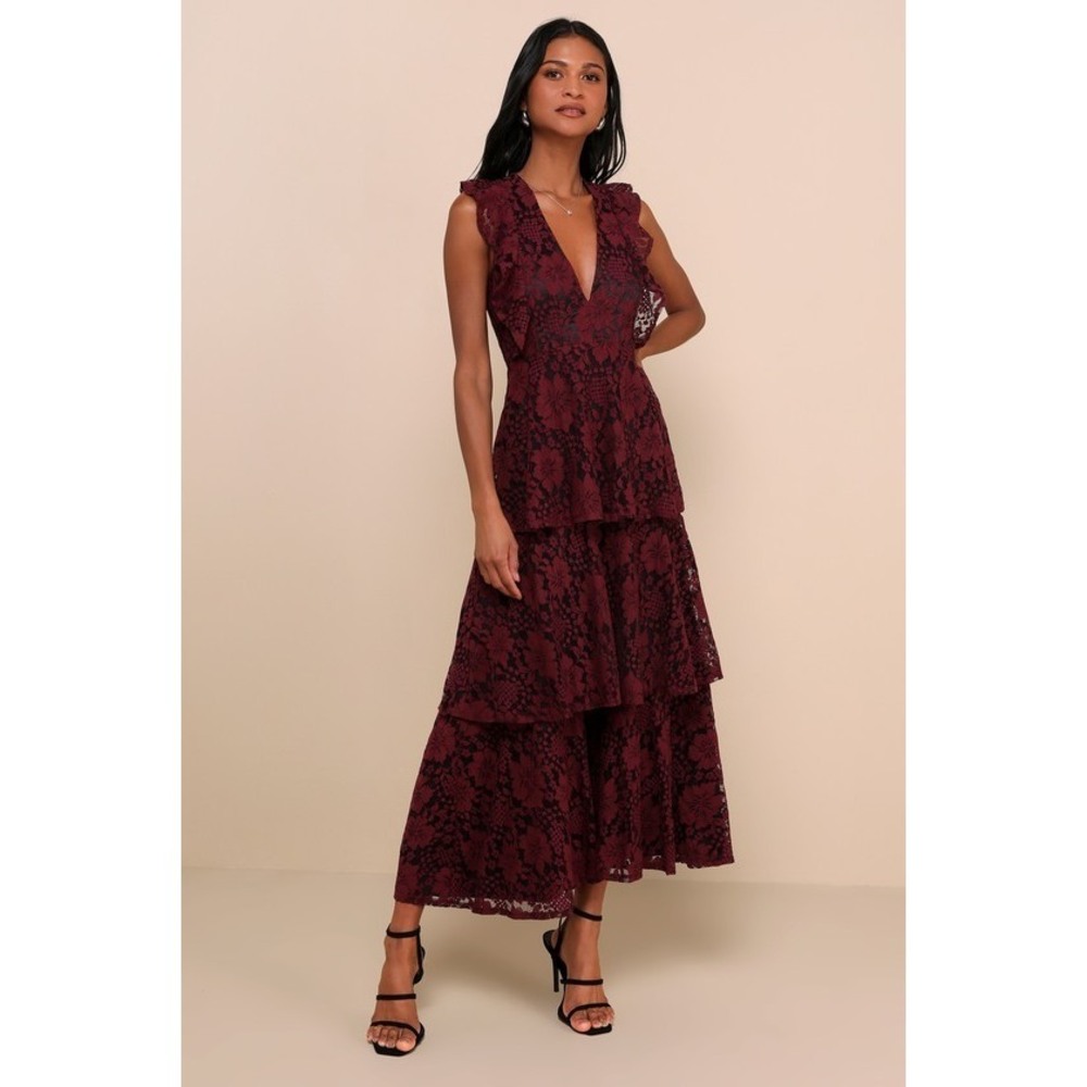 Lulus Molinetto Burgundy Lace Ruffled Tiered Sleeveless Maxi Dress Purple